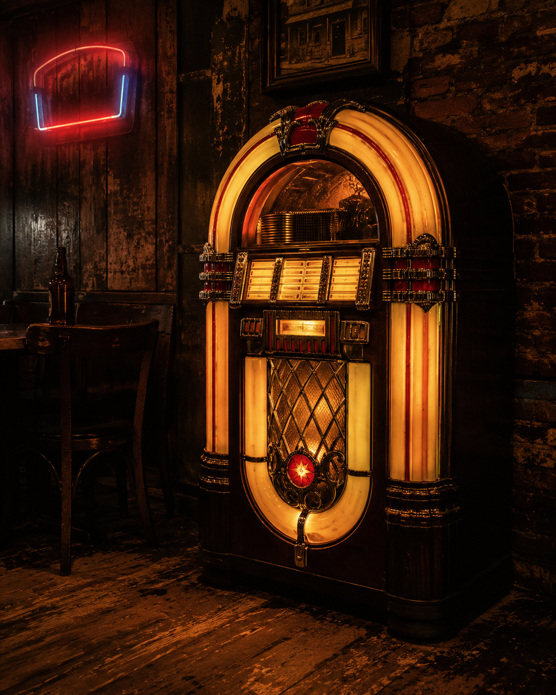 A vintage jukebox glowing in the corner of a roadhouse